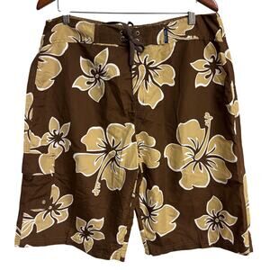 Viva USA Hawaiian Floral Board Shorts Brown Beige Men’s XL Surf Swim Trunks New